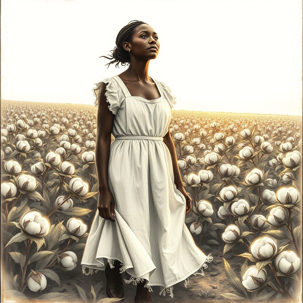 Serene Black Woman in Cotton Field, Inspired by Folk Art