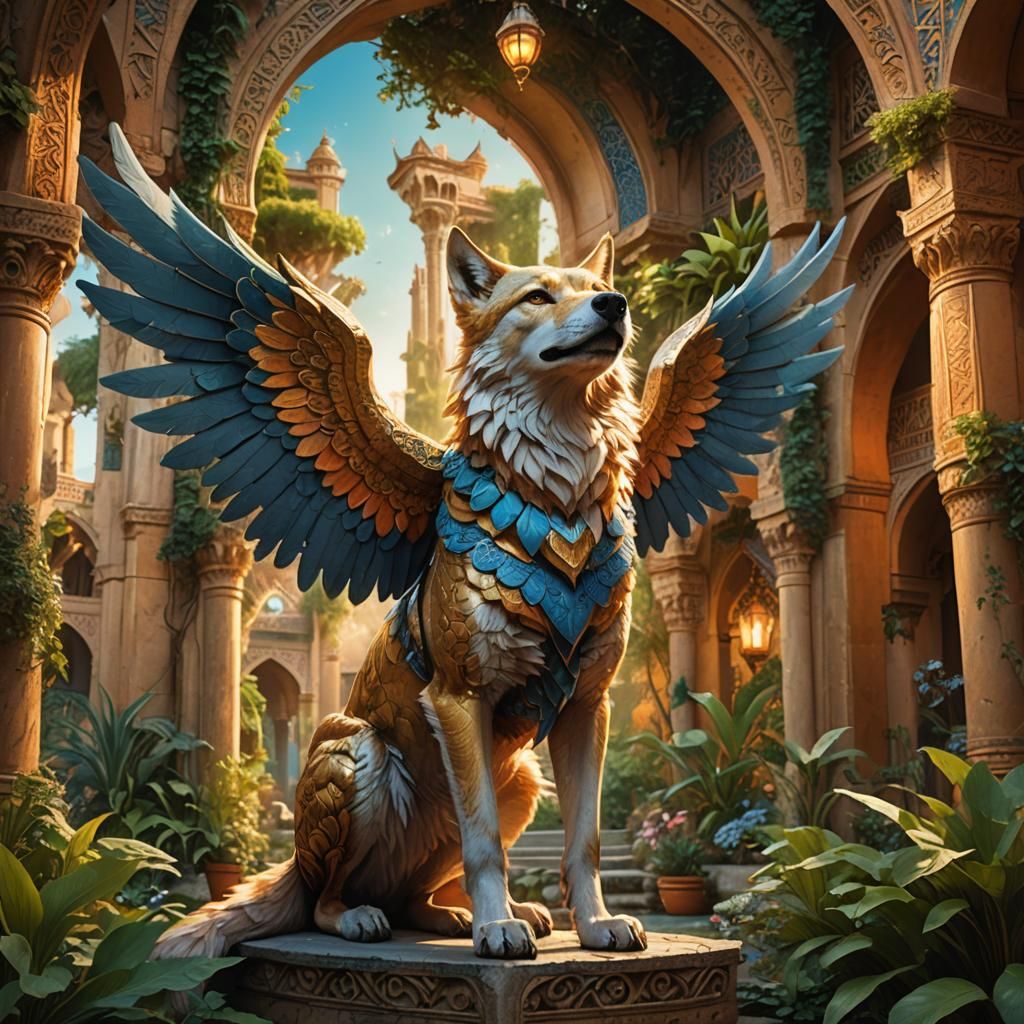Winged Wolf in Persian Garden: Fantasy Concept Art