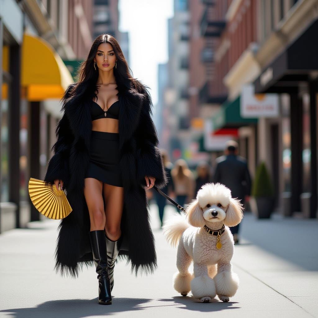 Glamorous Black Model in Fur Coat and Stilettos