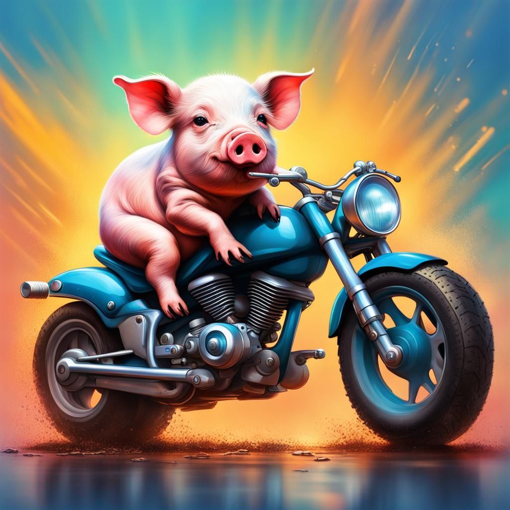 Baby Pig on Motorcycle: Hyperrealistic Splash Art
