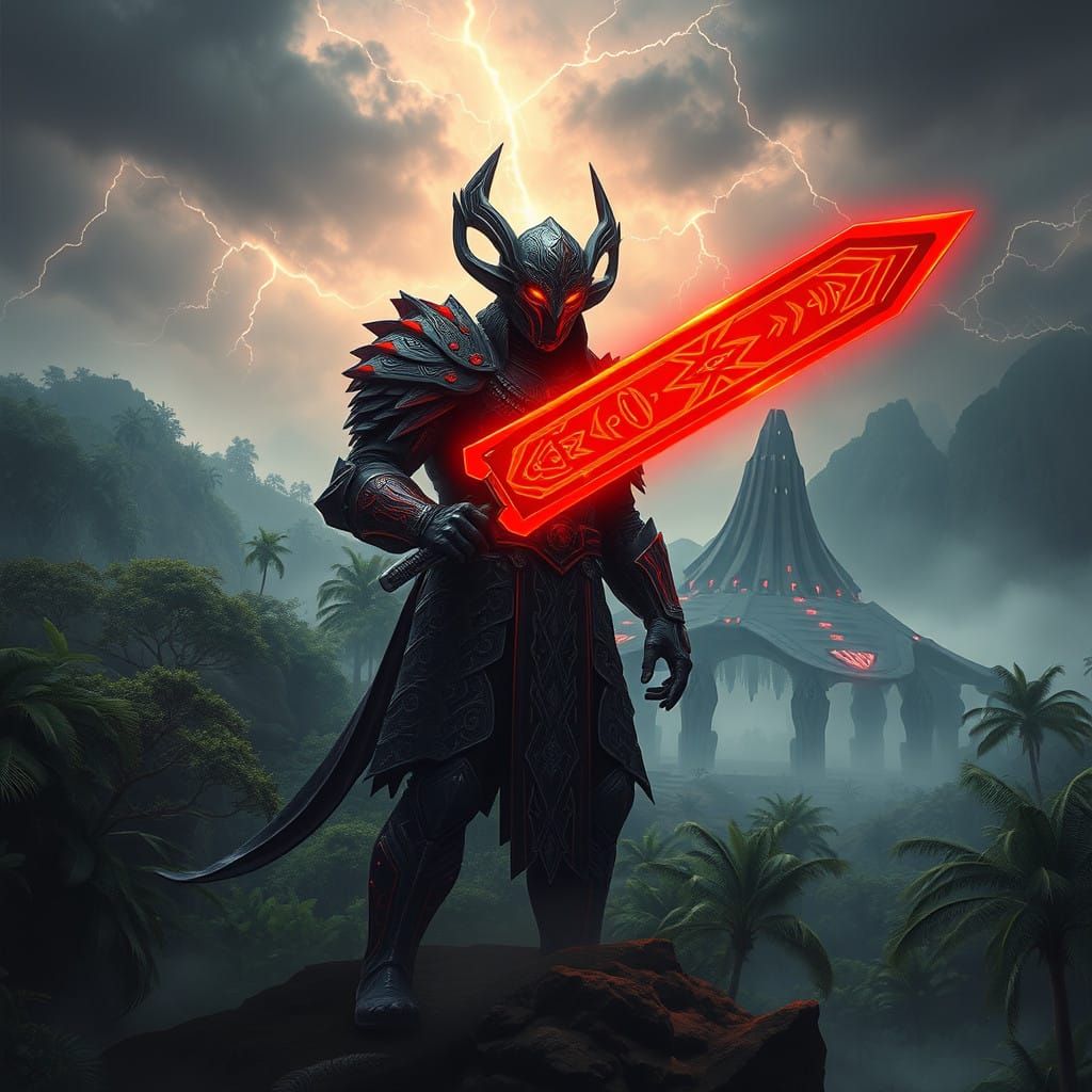 Majestic Rakatan Warlord in Crimson-Black Armor Surveys Jung...