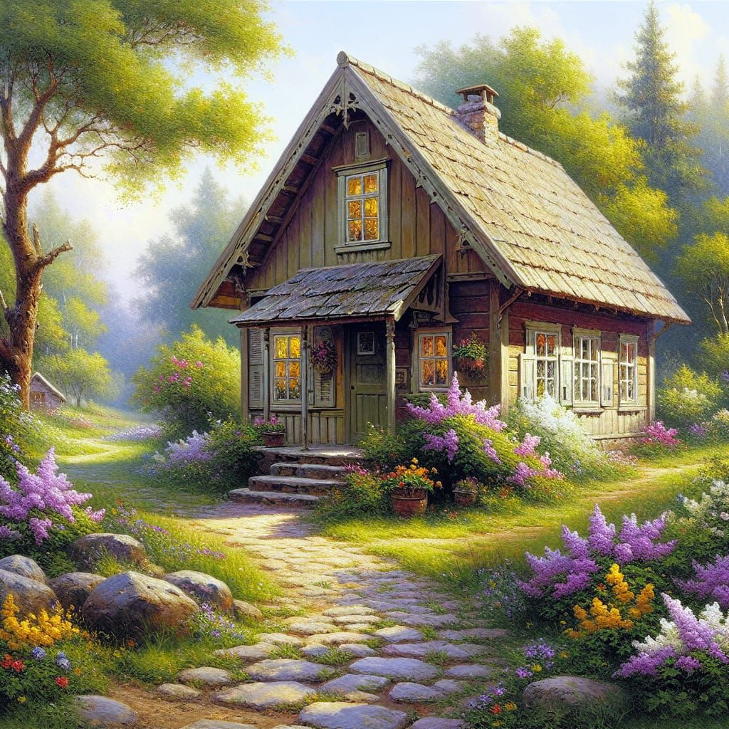 Charming Cottage in a Sunny Garden, Oil Painting