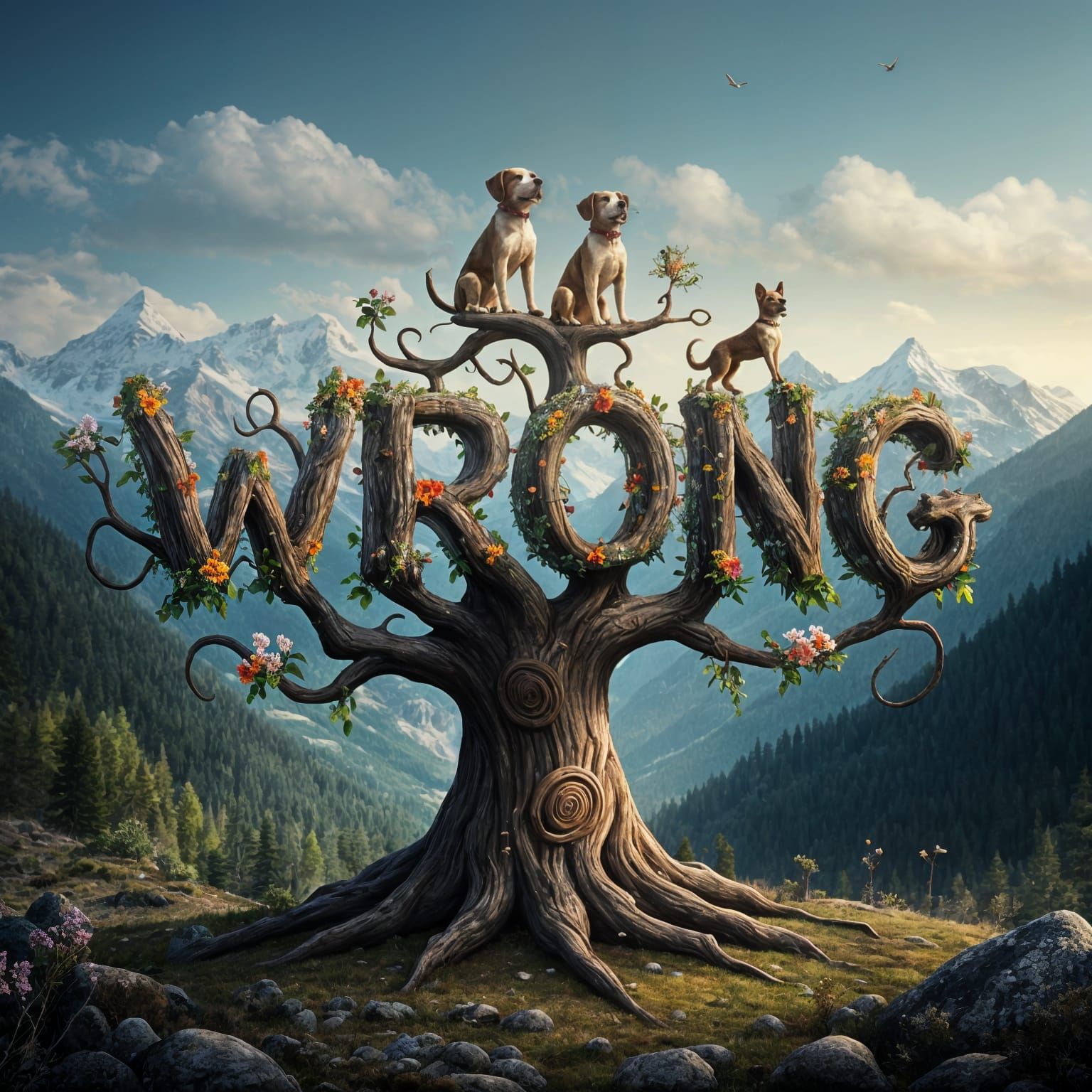 Barking Up the Wrong Tree in Vibrant Springtime Landscape