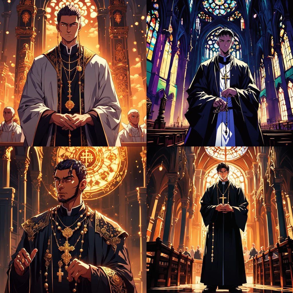 Tense Priest with Rosary in Anime Style