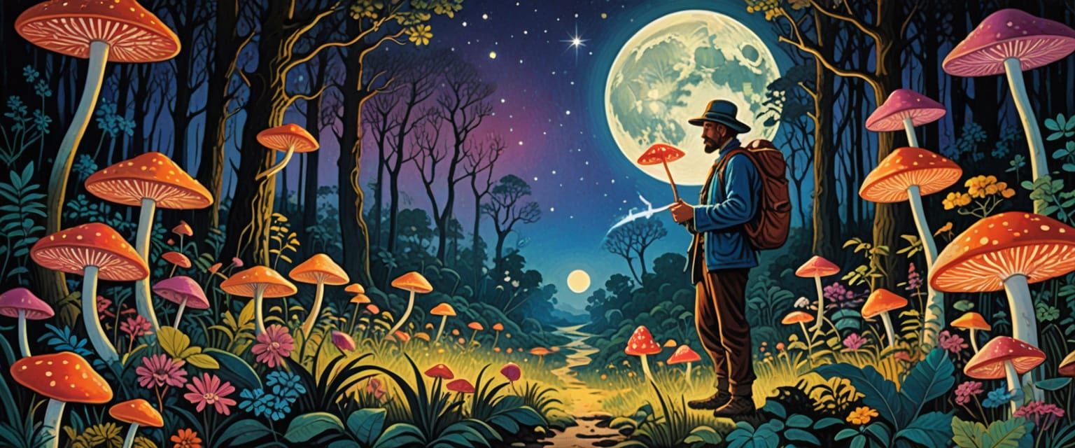 Mystical Forest Scene with Deer and Tropical Flora