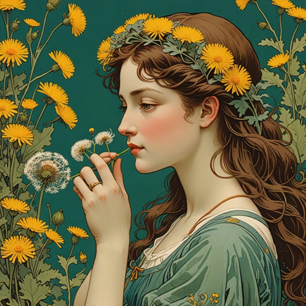 Nymph Blows on Dandelion in Whimsical Art Nouveau Style