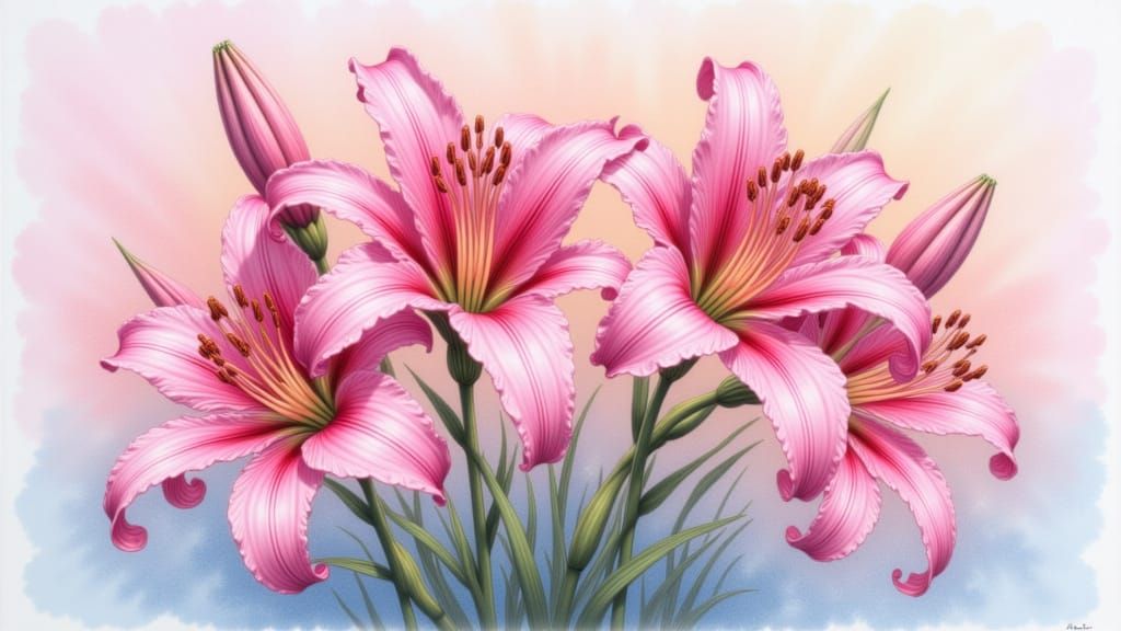 Pink Rain Lilies in Colored Pencil Style