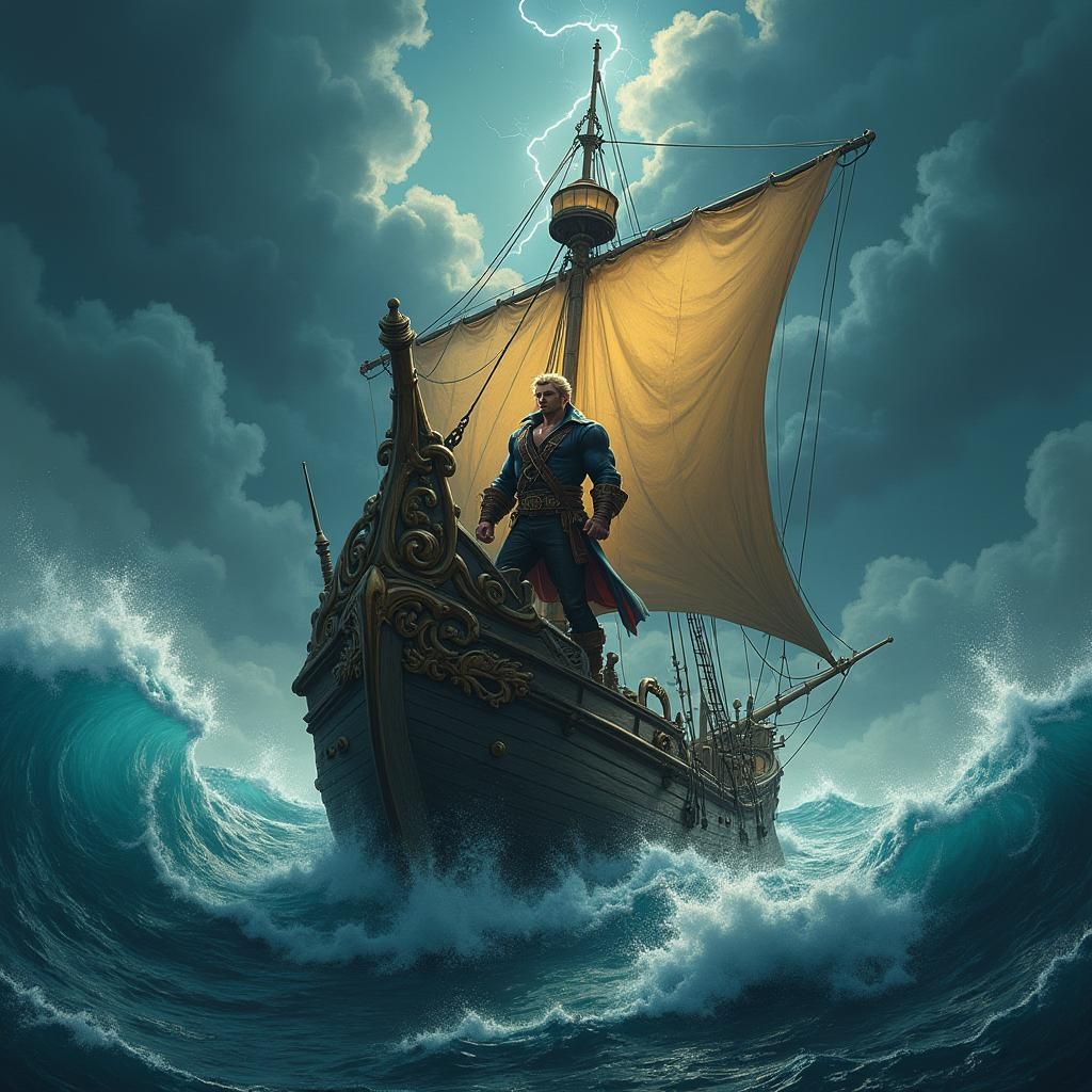 Pirate at Helm in Stormy Seas: Cinematic Art