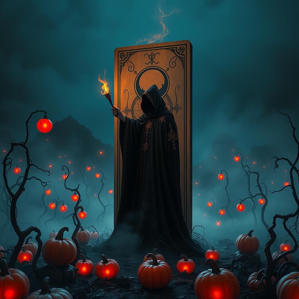 Mystic Sorcerer in a Surreal Pumpkin Patch