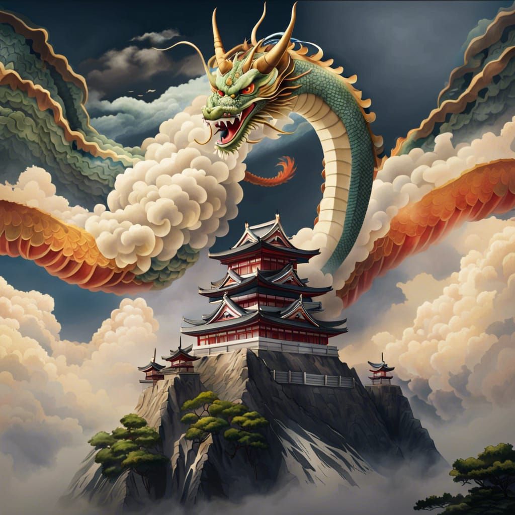 Dragon Ascends Over Ancient Japanese Castle
