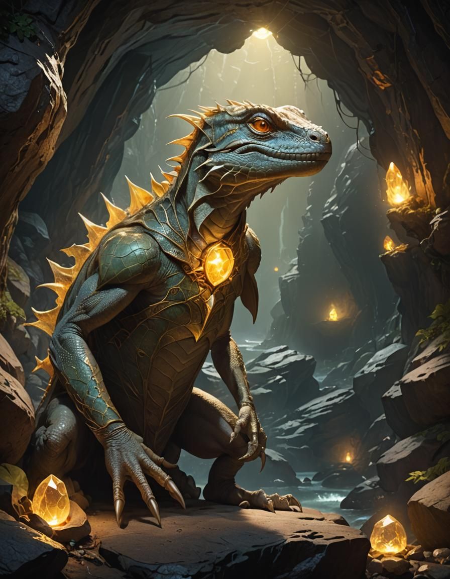 Lizard Adventurer with Elven Gemstone: Dark Fantasy Art