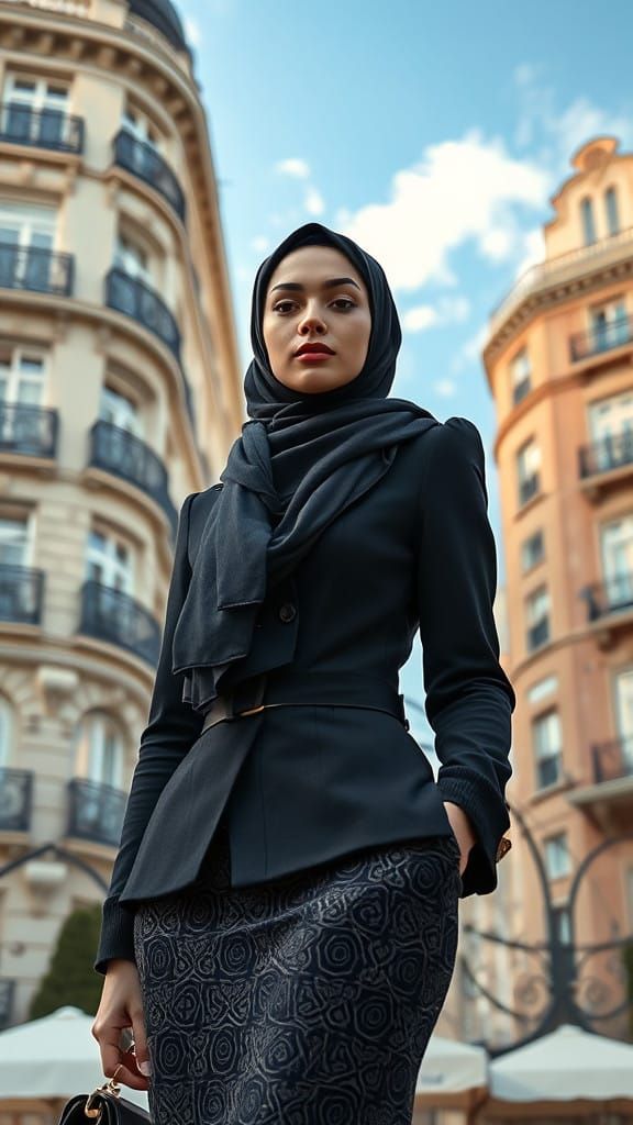 Elegant Woman in Luxury Hijab, Art Deco Mansion