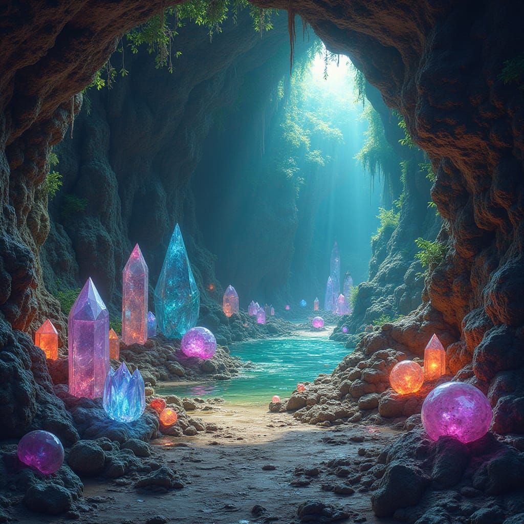 Vibrant Crystal Cave with Emeralds and Gemstones