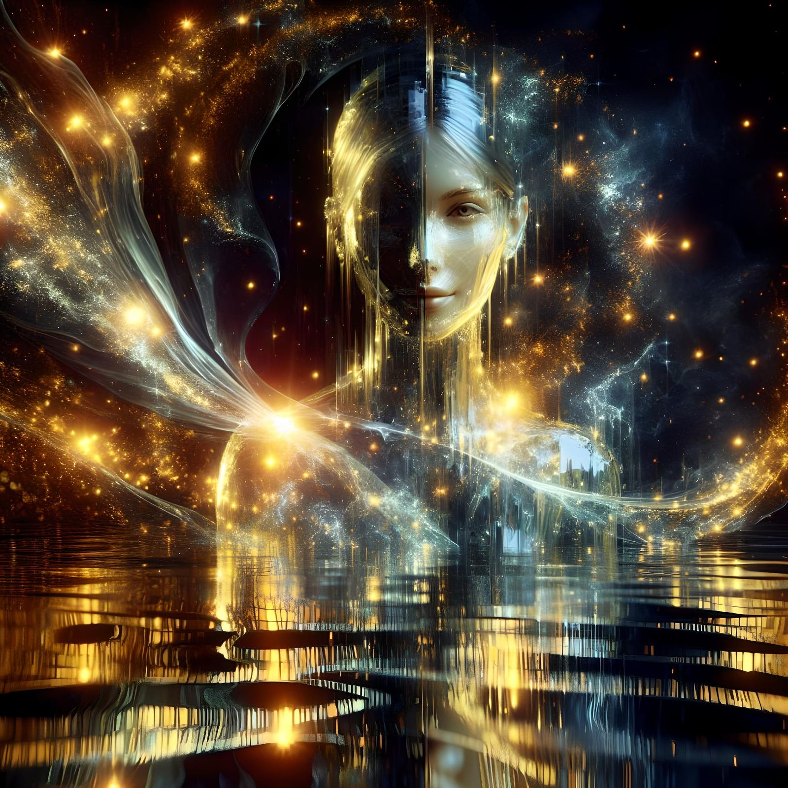 Glass Woman Dissolving into Constellation, Hyperrealistic Sp...