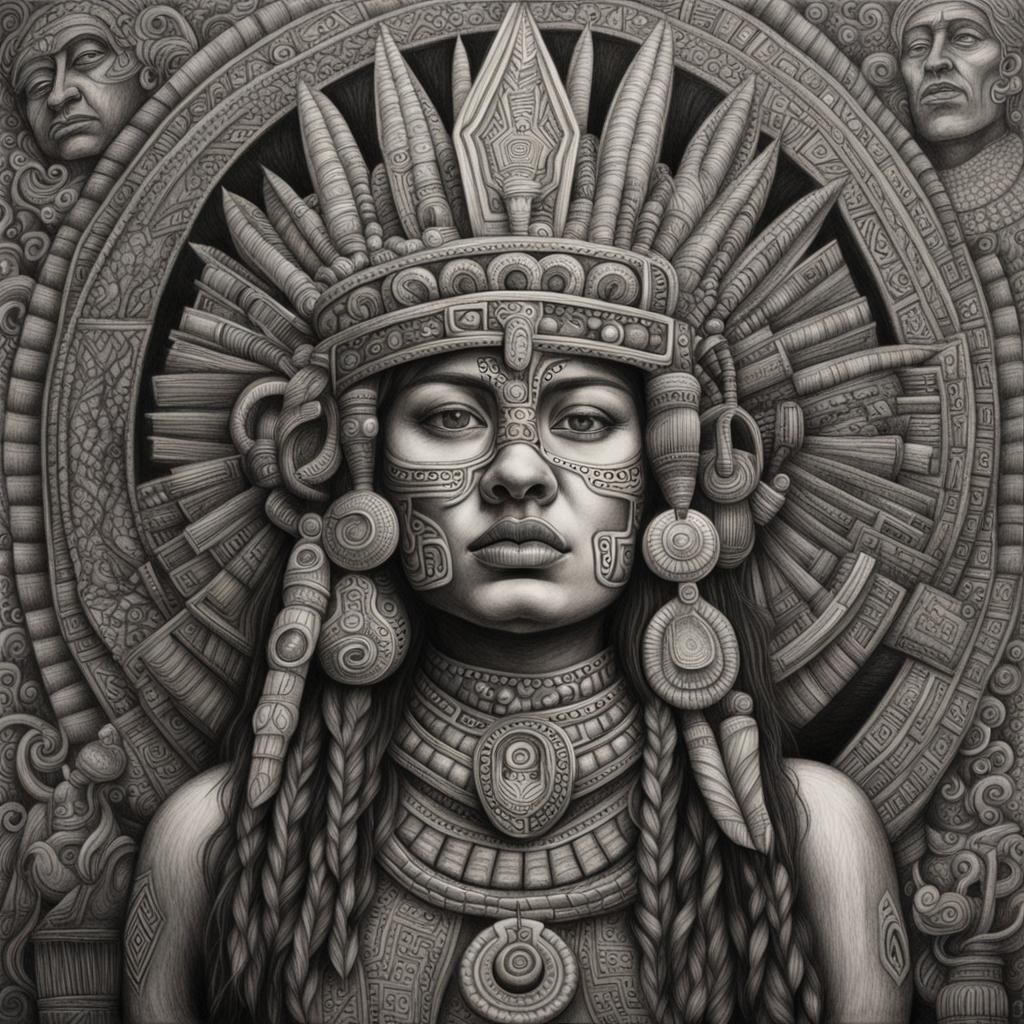 Detailed Charcoal Drawing of an Aztec Figure