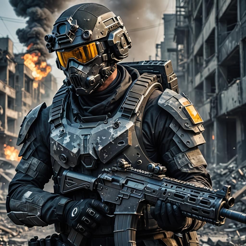 Futuristic Soldier in Armored Camouflage with Glowing Eyes