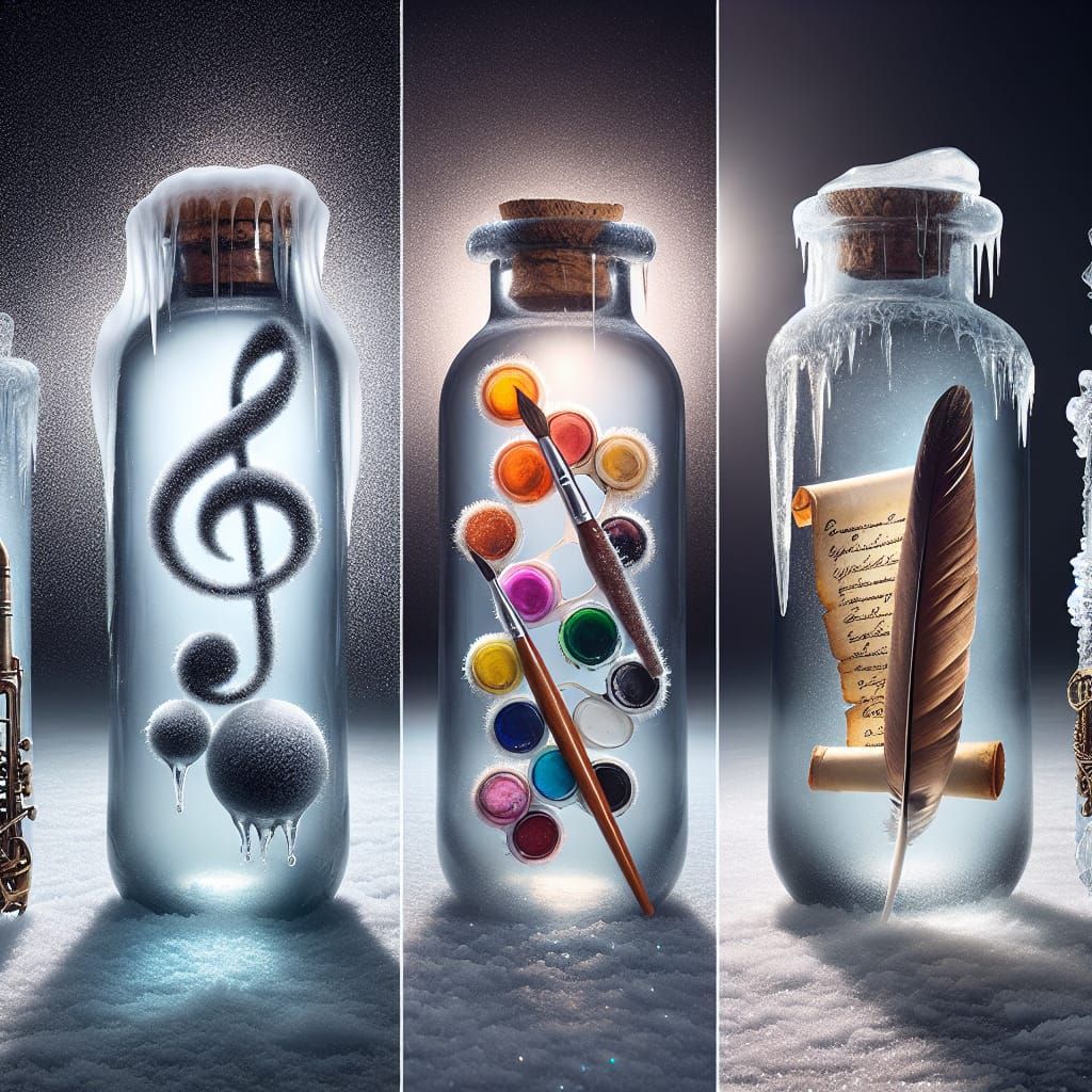 Icy Flasks Encasing Treble Clef and Other Objects
