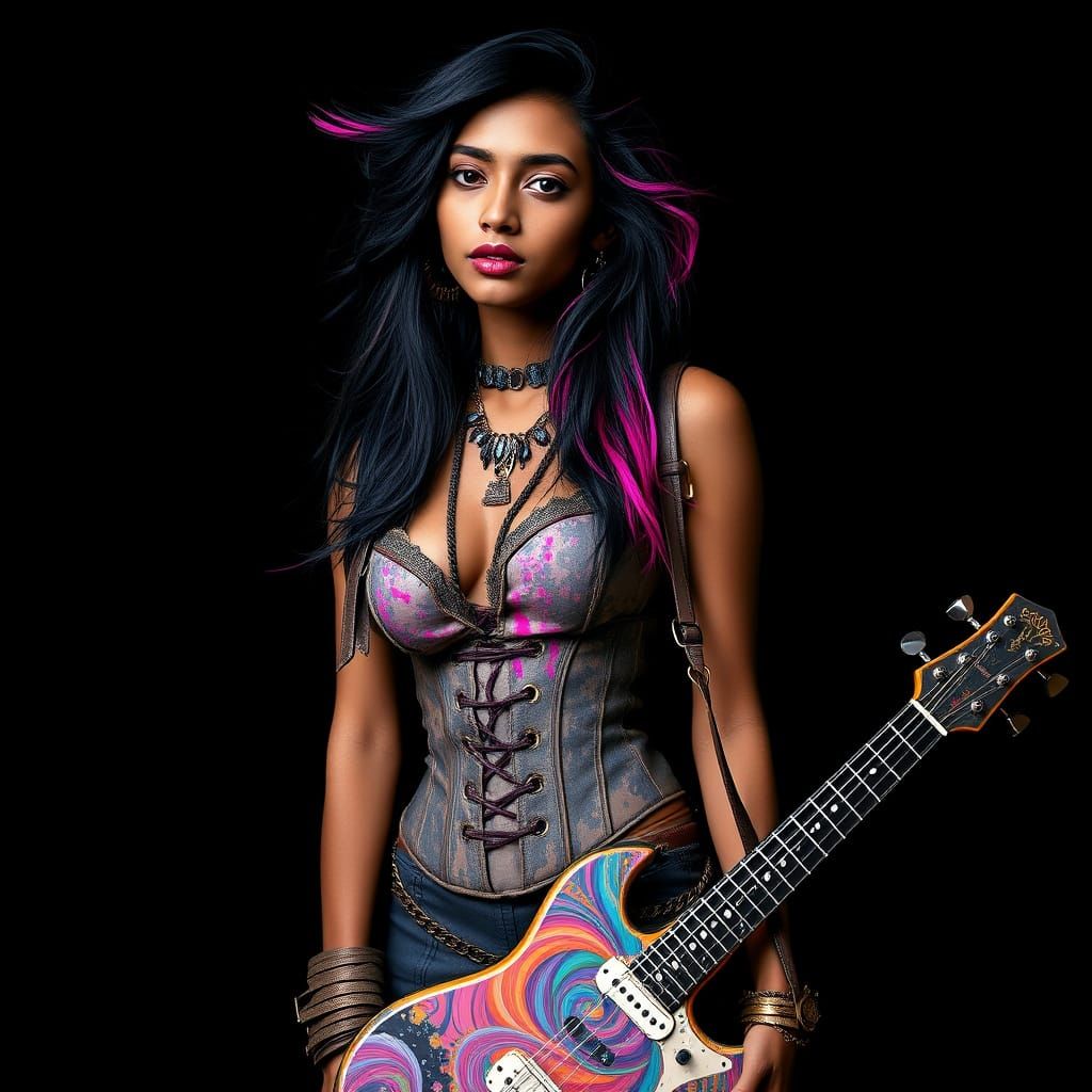 Vibrant Portrait of Indian Woman with Electric Guitar