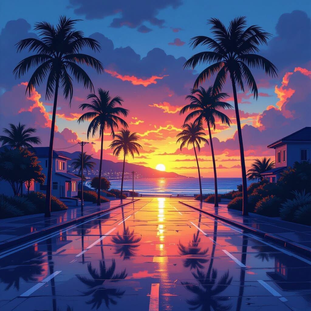 Coastal Town at Dusk: A Cinematic Anime Illustration