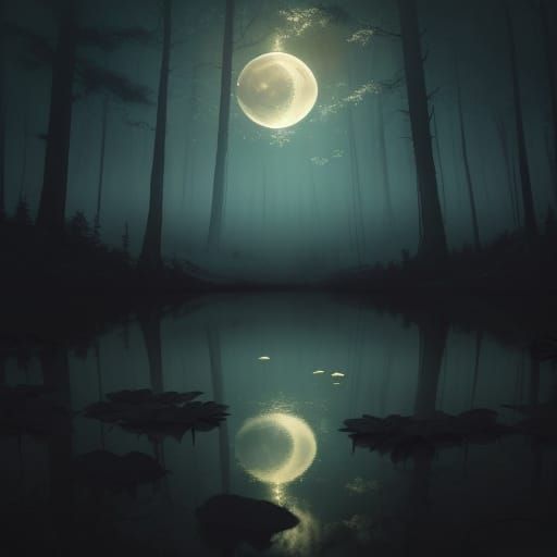 Divine Moon Over Dark Forest Ethereal Illustration