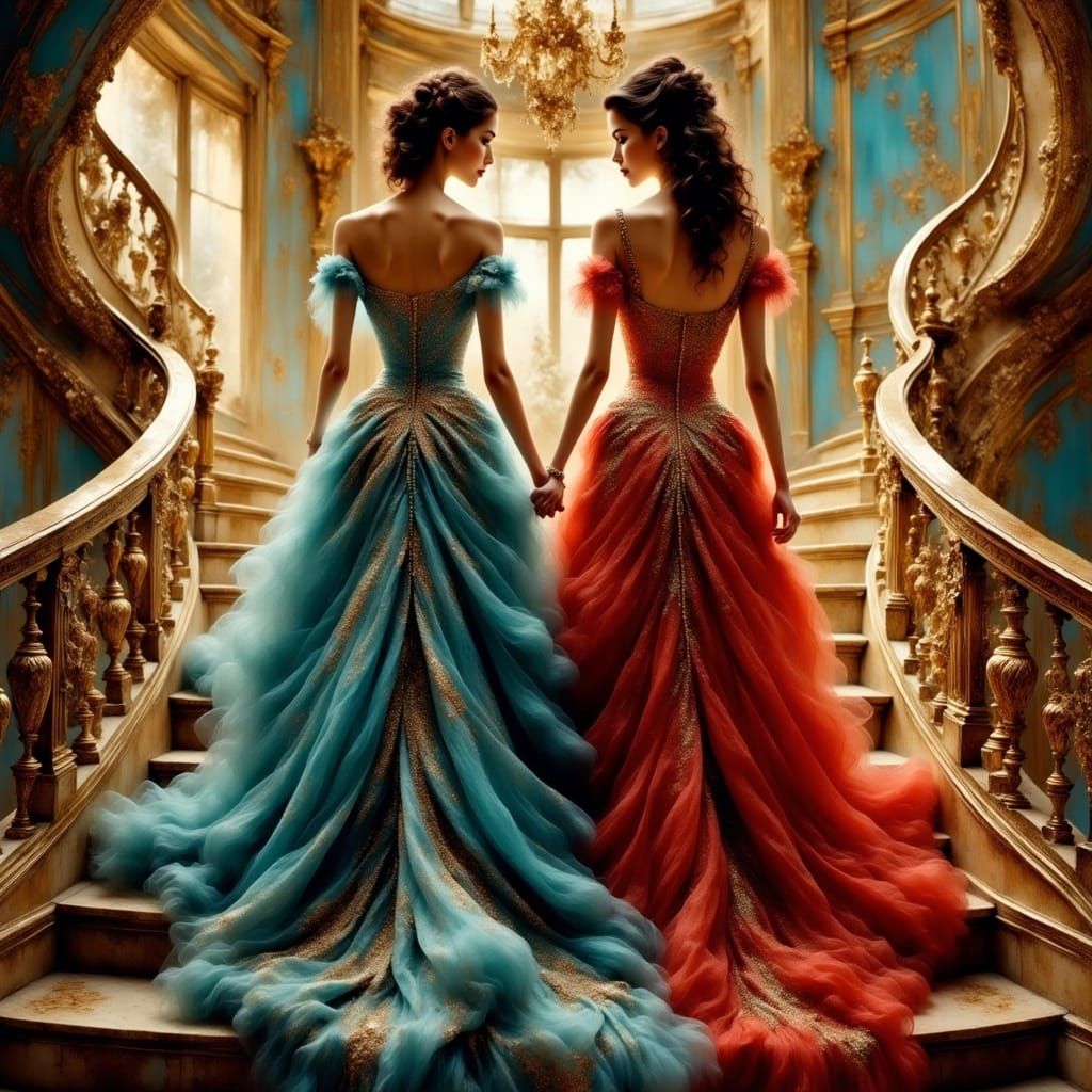 Elegant Twins Descend Grand Staircase in Opulent Ballroom