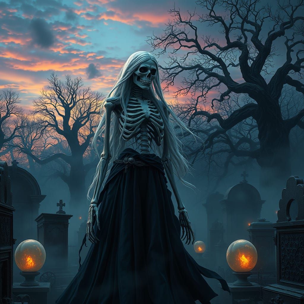 Ethereal Skeleton Woman Haunts a Victorian Graveyard