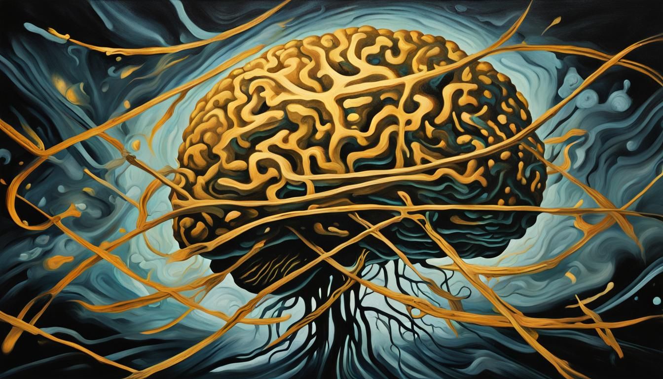 Exploded Brain in Criss-Cross World: Surreal Oil Painting