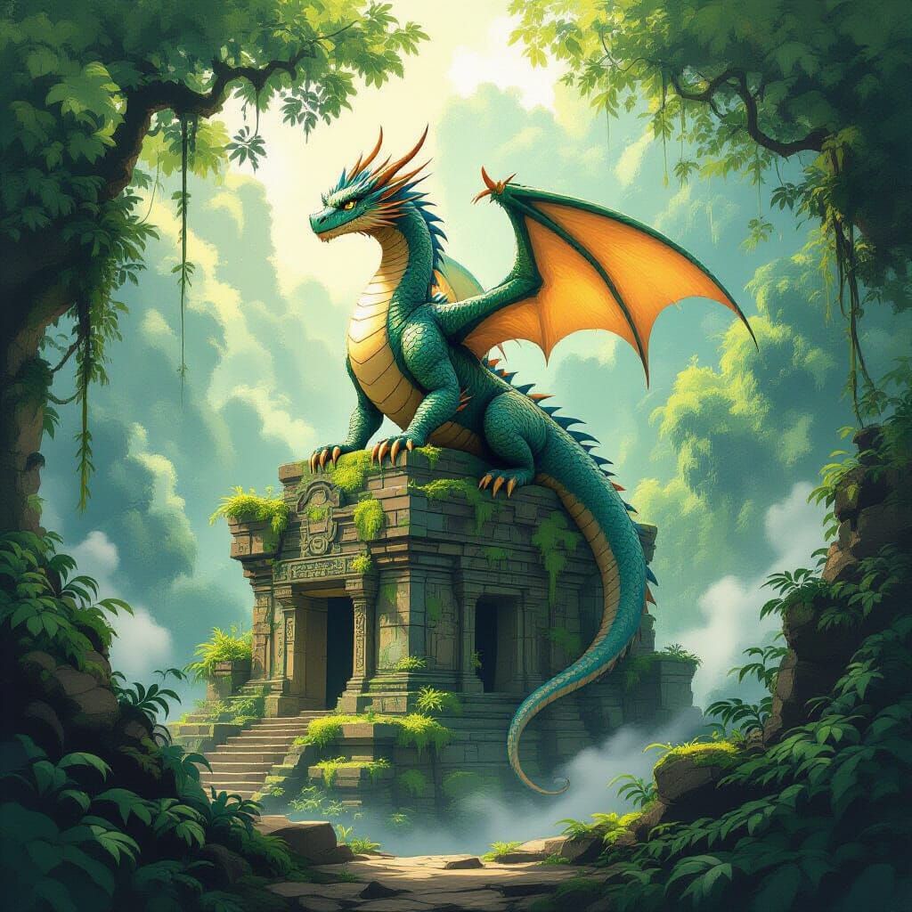 Ancient Dragon on Jungle Temple Ruin in Ghibli Style