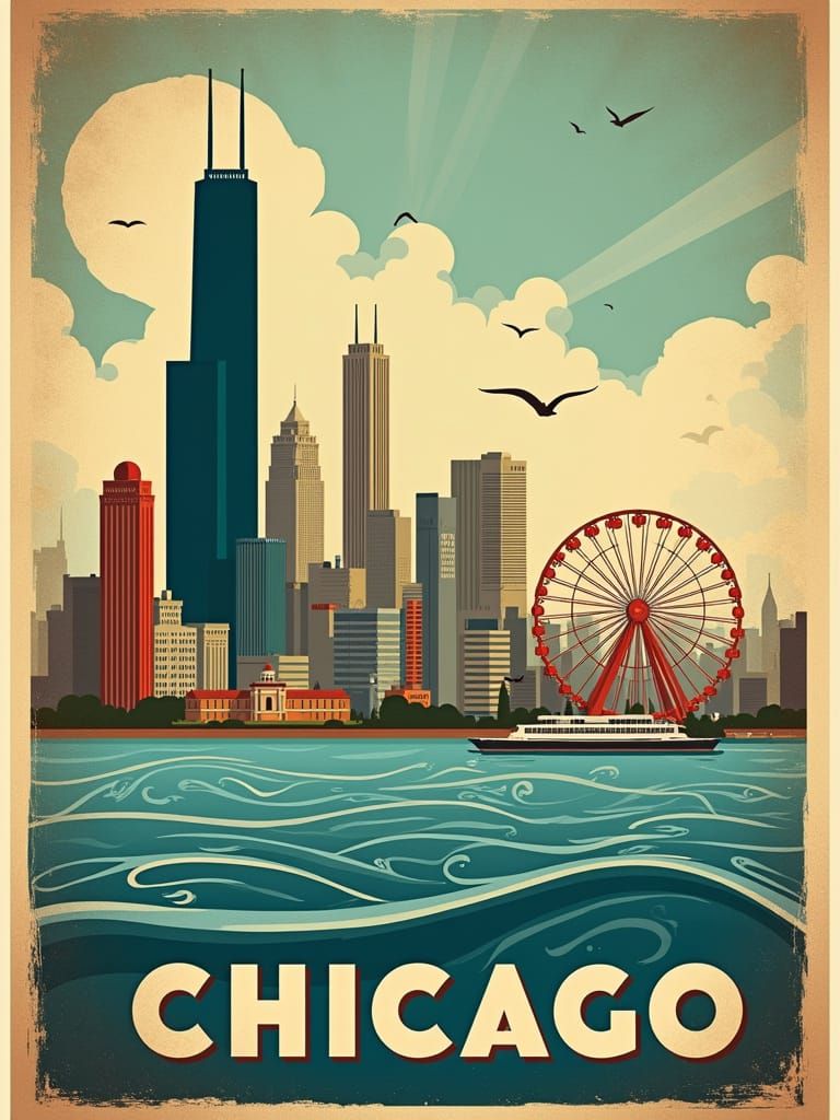 Vintage-Inspired Chicago Travel Poster in Warm, Muted Colors