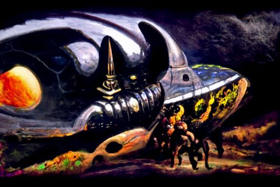 Cuneiform Spaceship on a Starry Exoplanet: Frazetta-Style