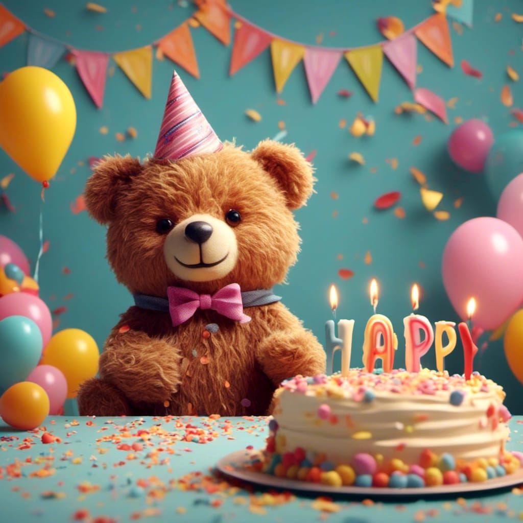 Cute Teddy Bear Celebrates a Happy Birthday