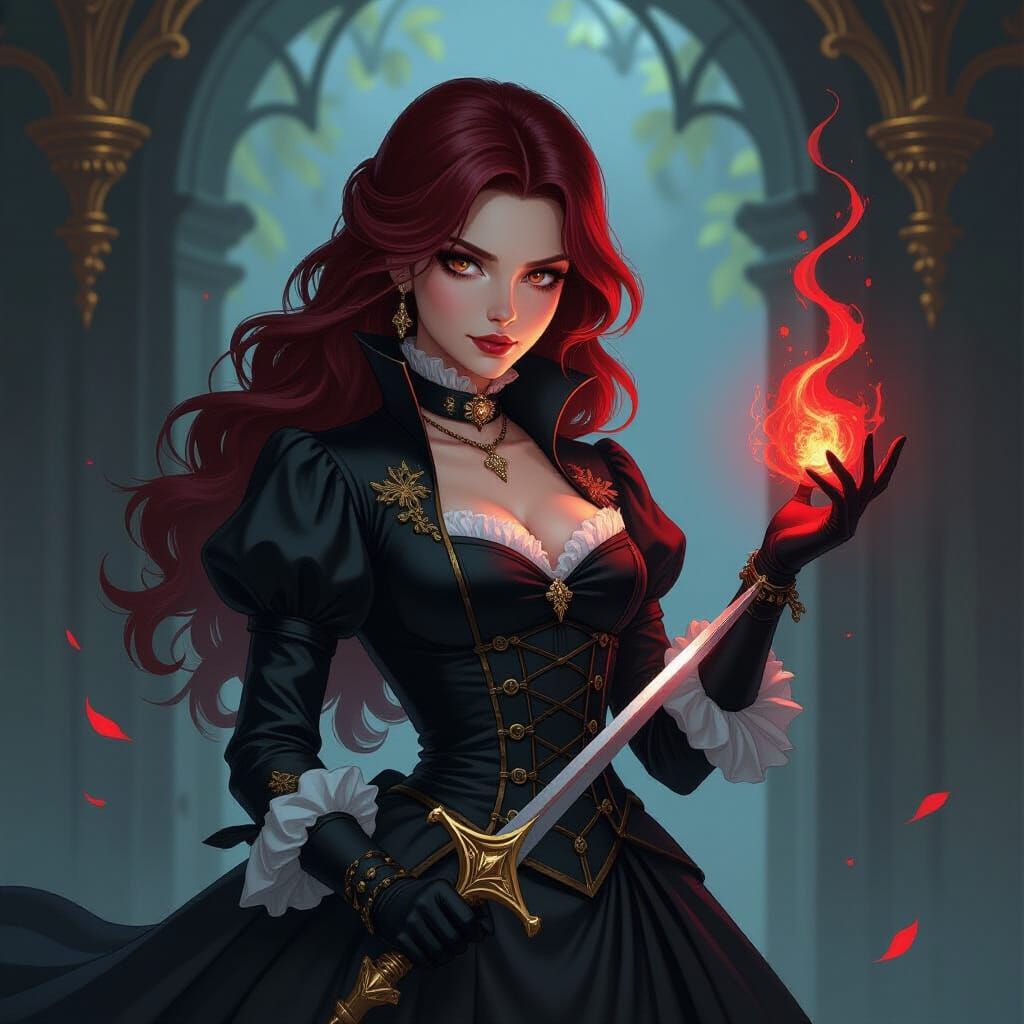 Confident Red-Haired Duelist in Fantasy Illustration Style