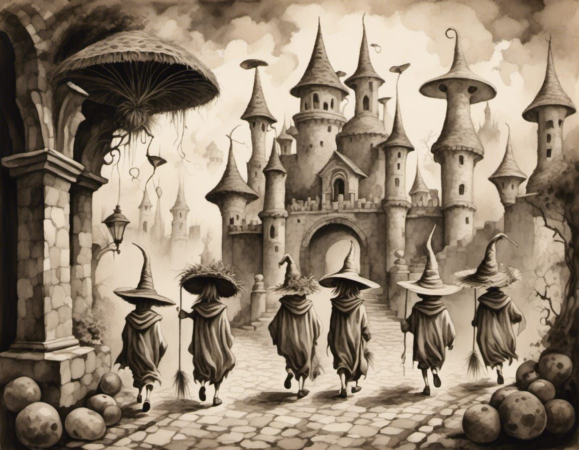 Children in Witch Hats at Magic Castle, Surreal Ink Wash
