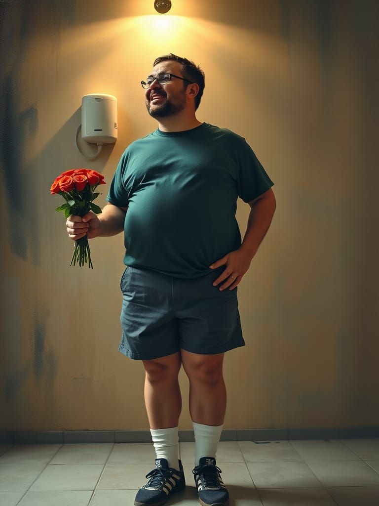 Humorous Oil Painting of a Man with Roses
