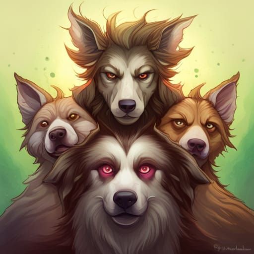 Three-Headed Dog Portrait in Hyperdetailed Style