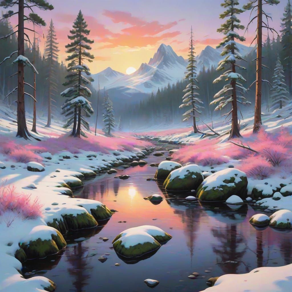 Snowy mountain stream sunset.