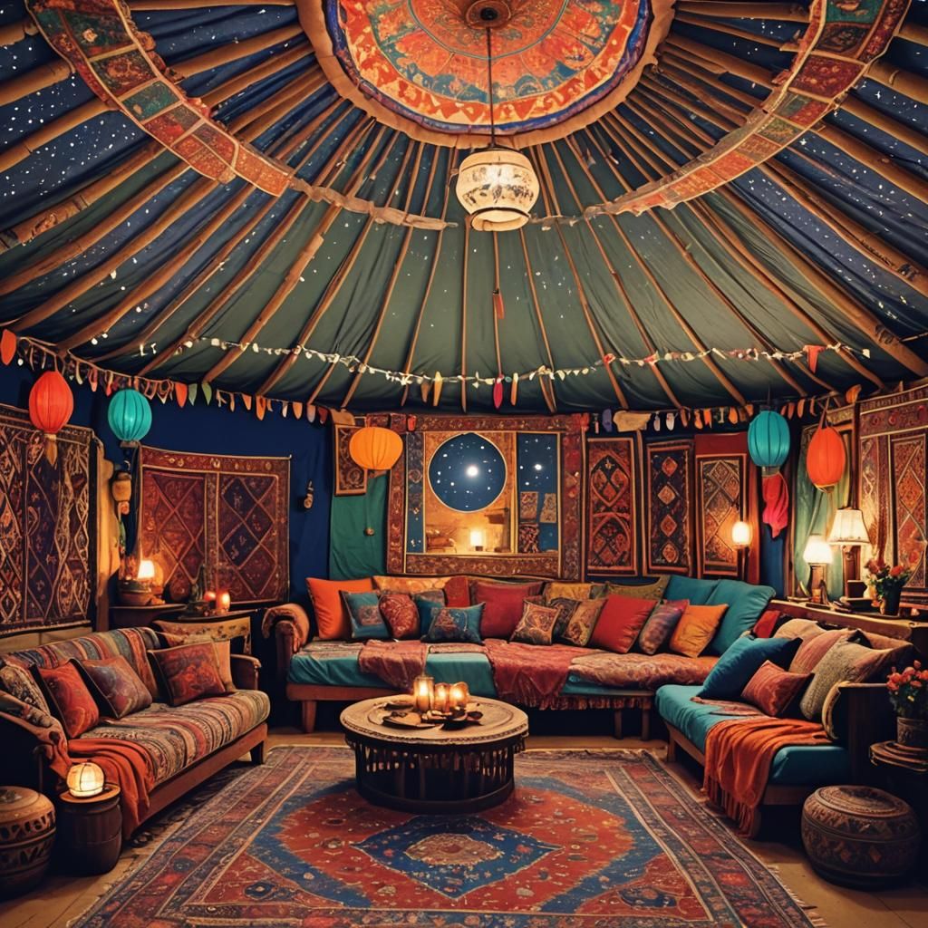 Opulent Yurt Interior at Night Under the Stars