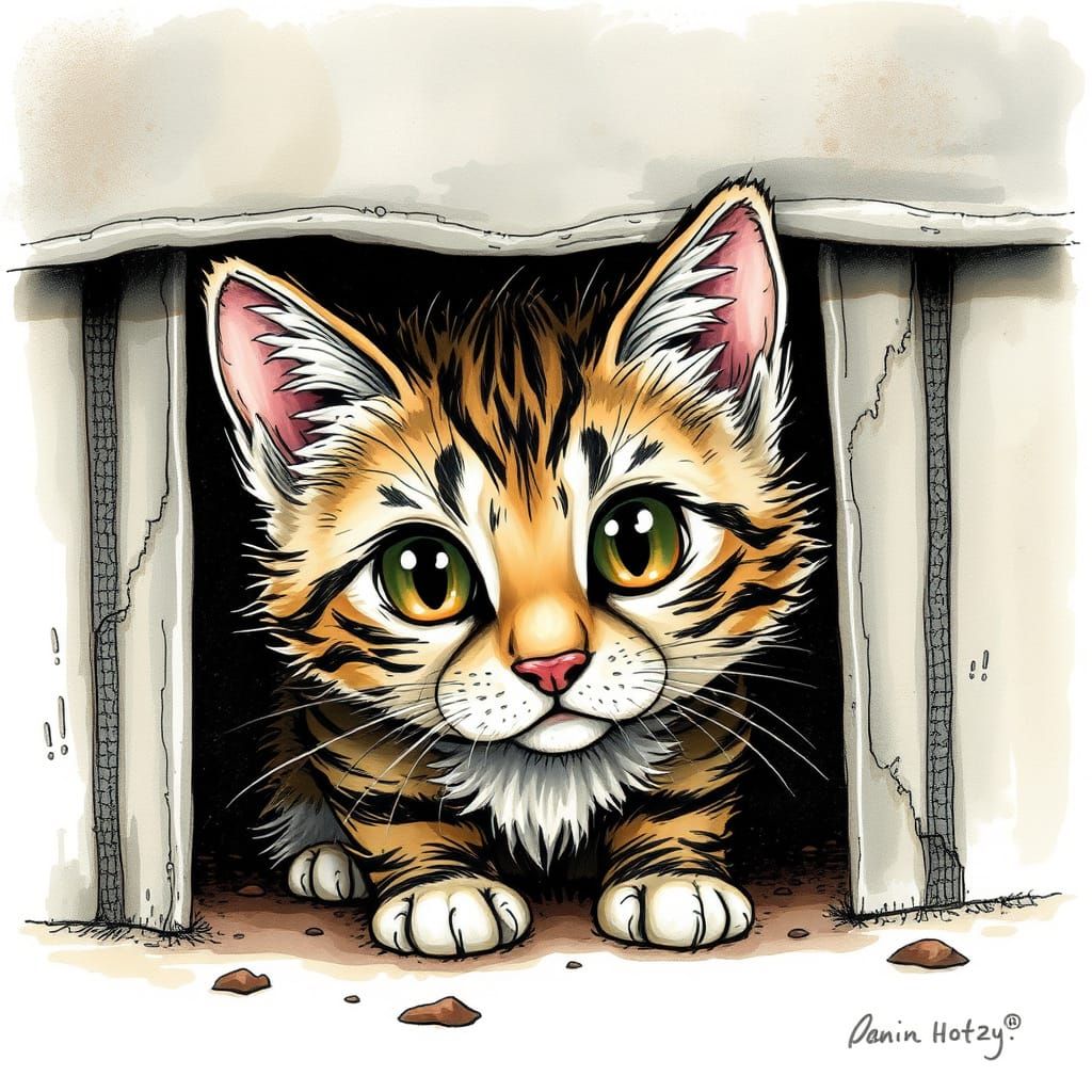 Whimsical Kitten Behind Kitchen Bin