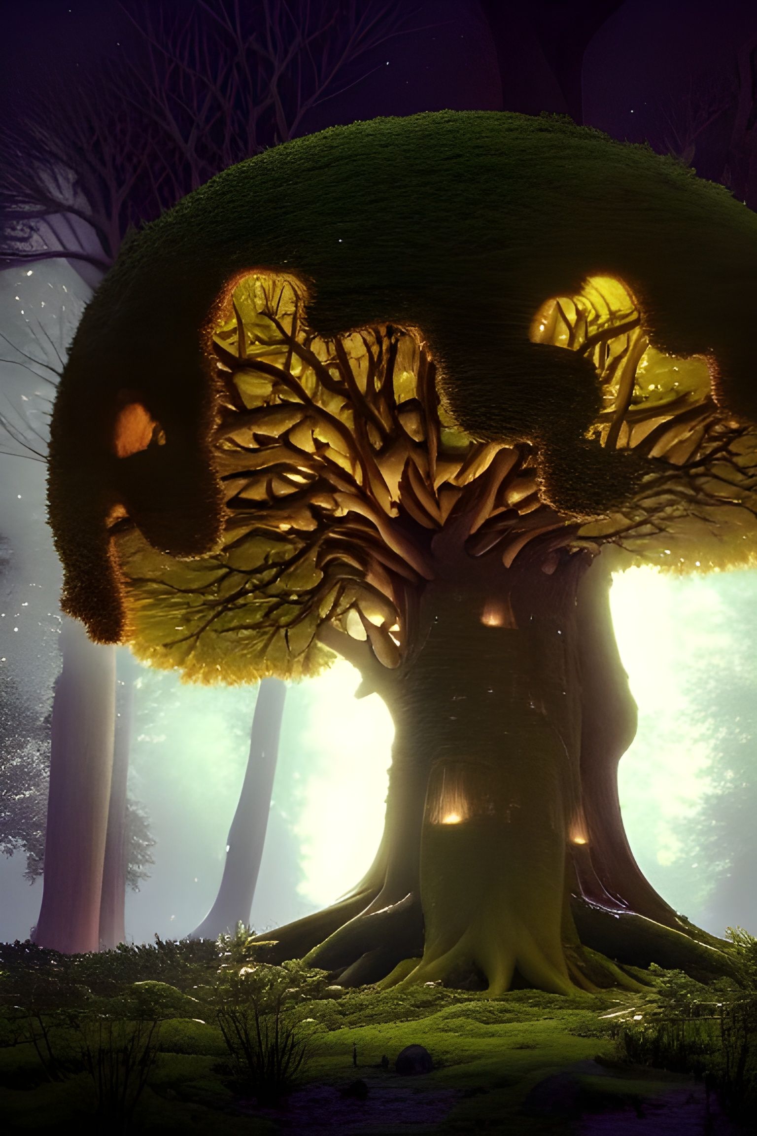 Moonlit World-Tree Fantasy Landscape