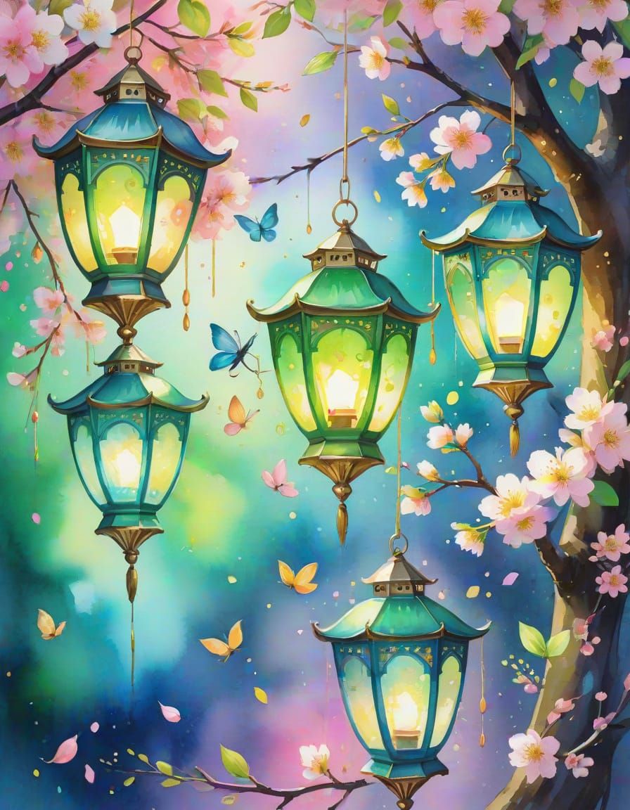 Whimsical Lanterns and Cherry Blossoms in Watercolor