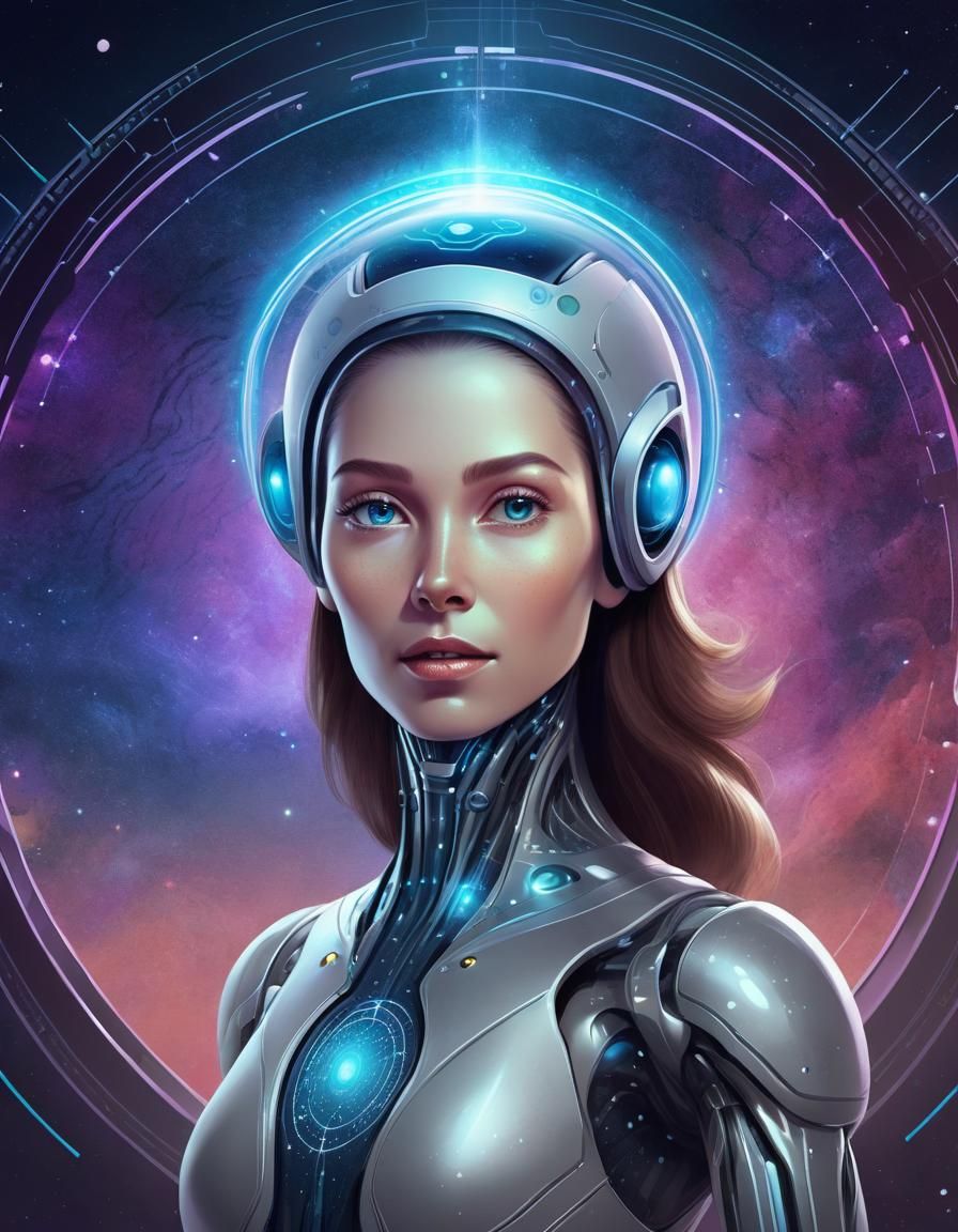 Android Woman in Laboratory with Cosmic Portal