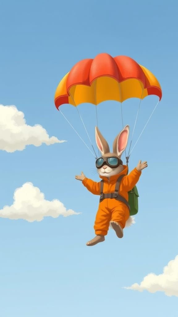 Whimsical Rabbit in a Bright Orange Parachute Suit