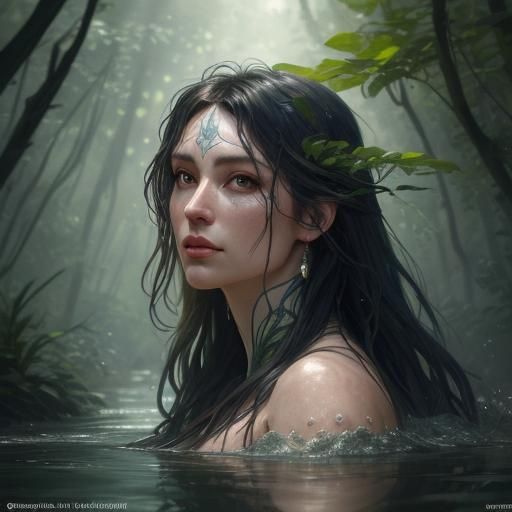 Woman Swimming in Forest River, Hyperdetailed Splash Art