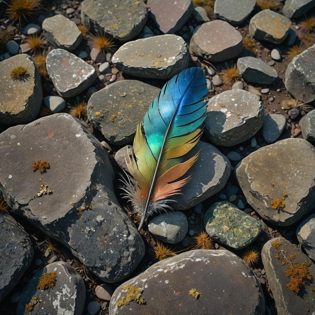 Glowing Feather on Desolate Mountain in Surreal Style