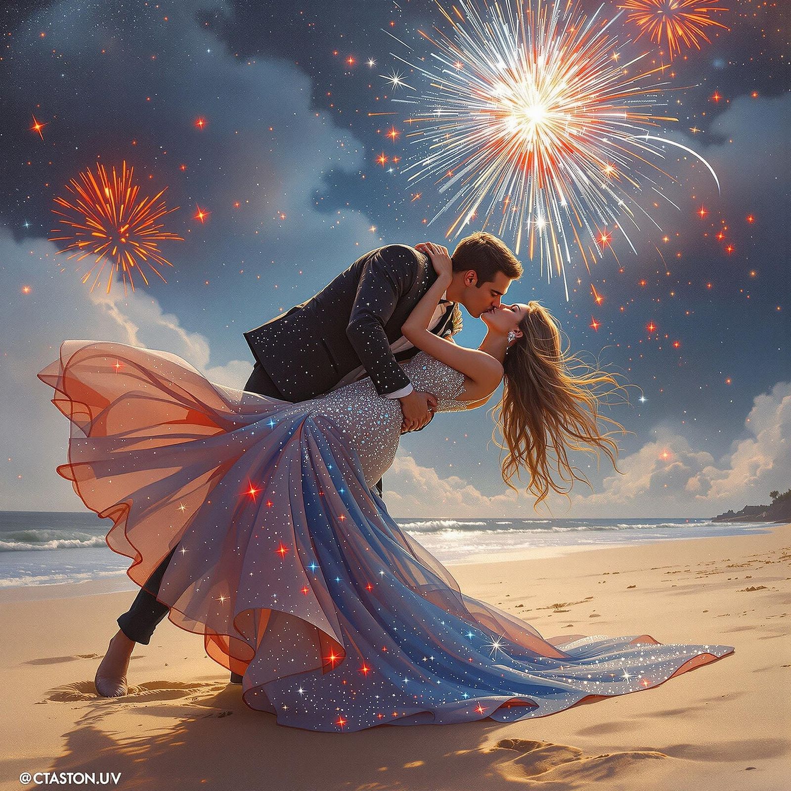 He dips her for a dramatic kiss as fireworks rain down in re...