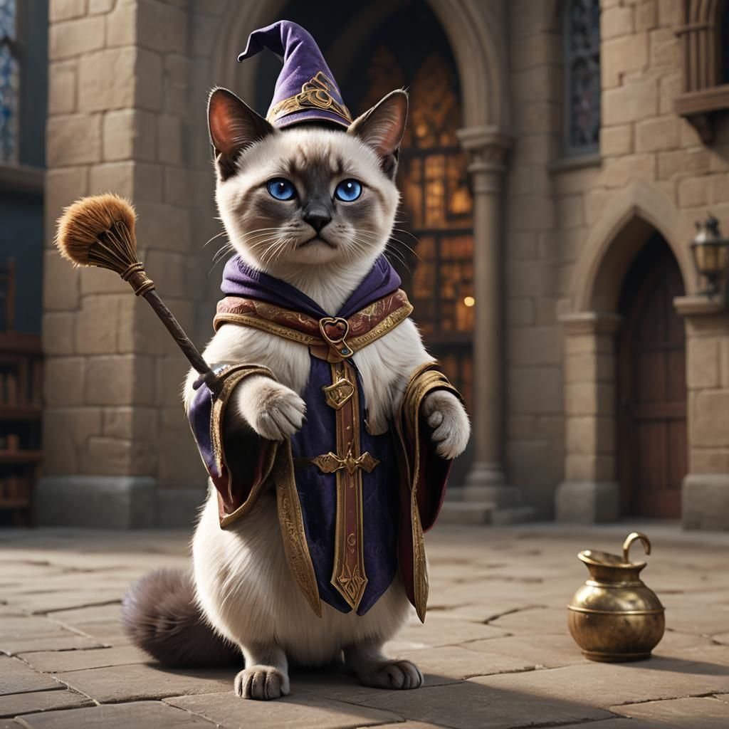 Siamese Kitten Wizard at Hogwarts: Photorealistic Digital Ar...