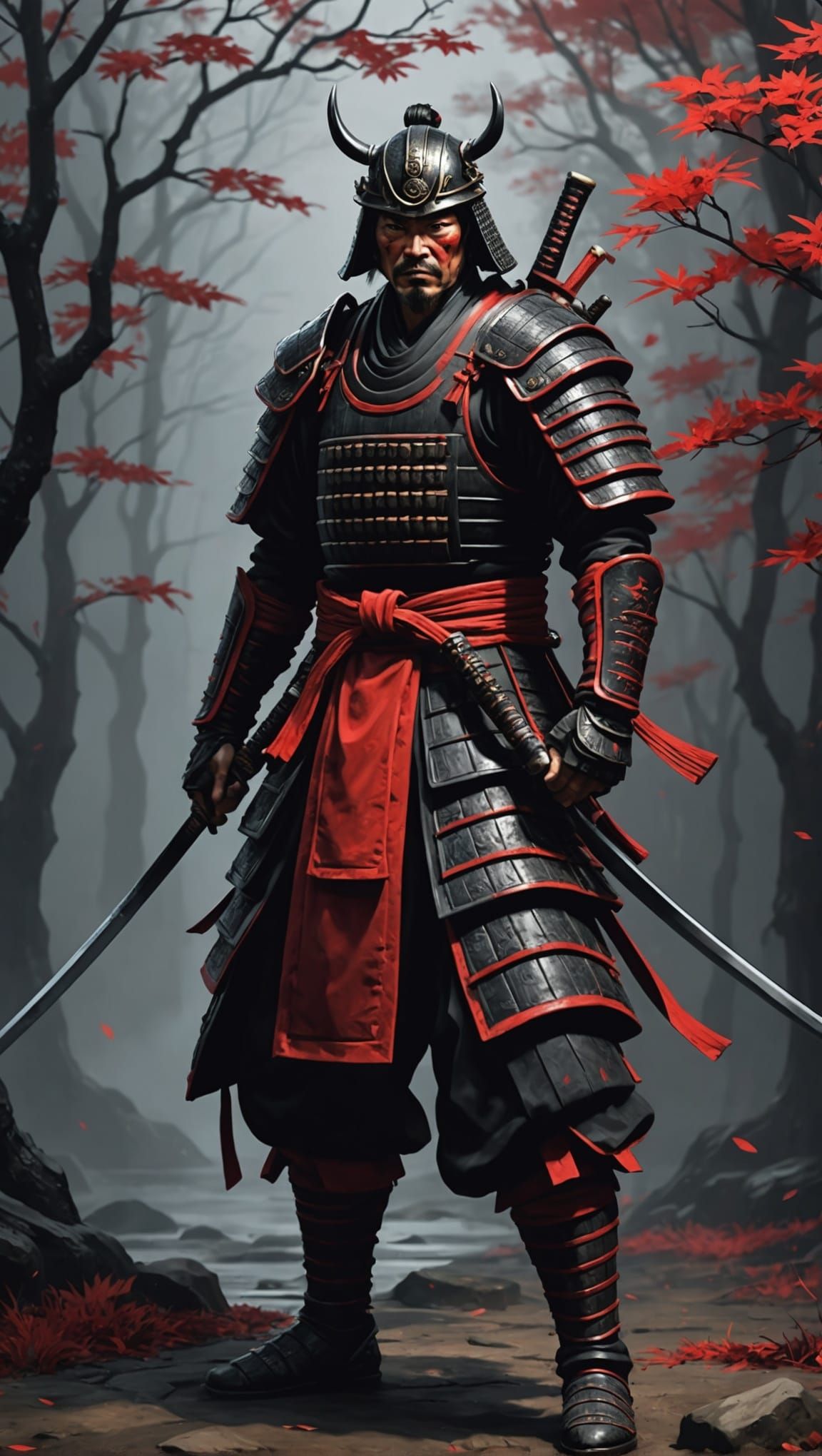 Samurai Warrior in Dark Ominous Oil Painting Style