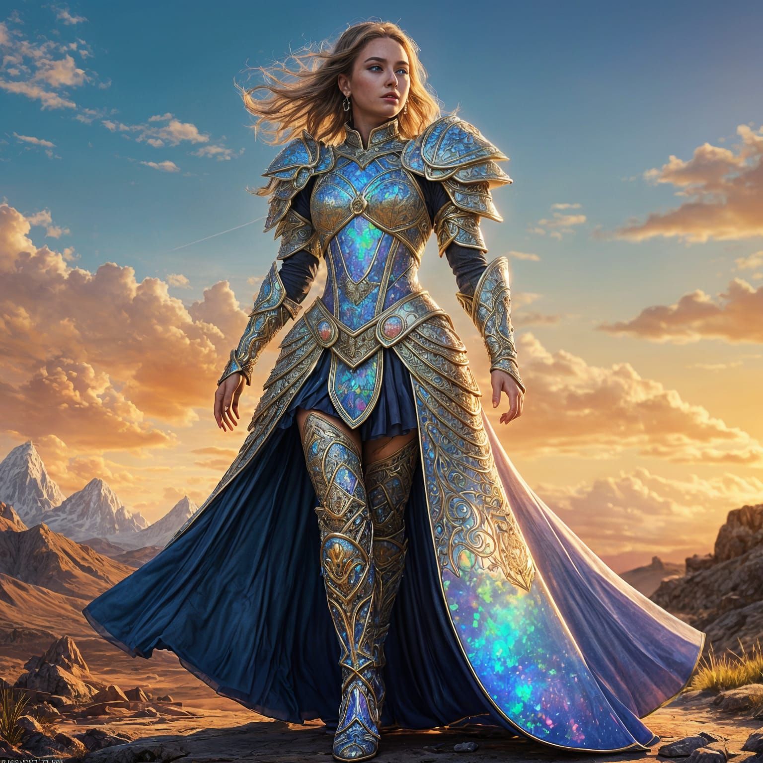Woman in Intricate Opal Armor Dress