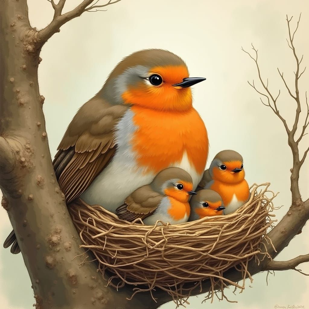 A proud mother robin with a nest full of baby robins sitting...