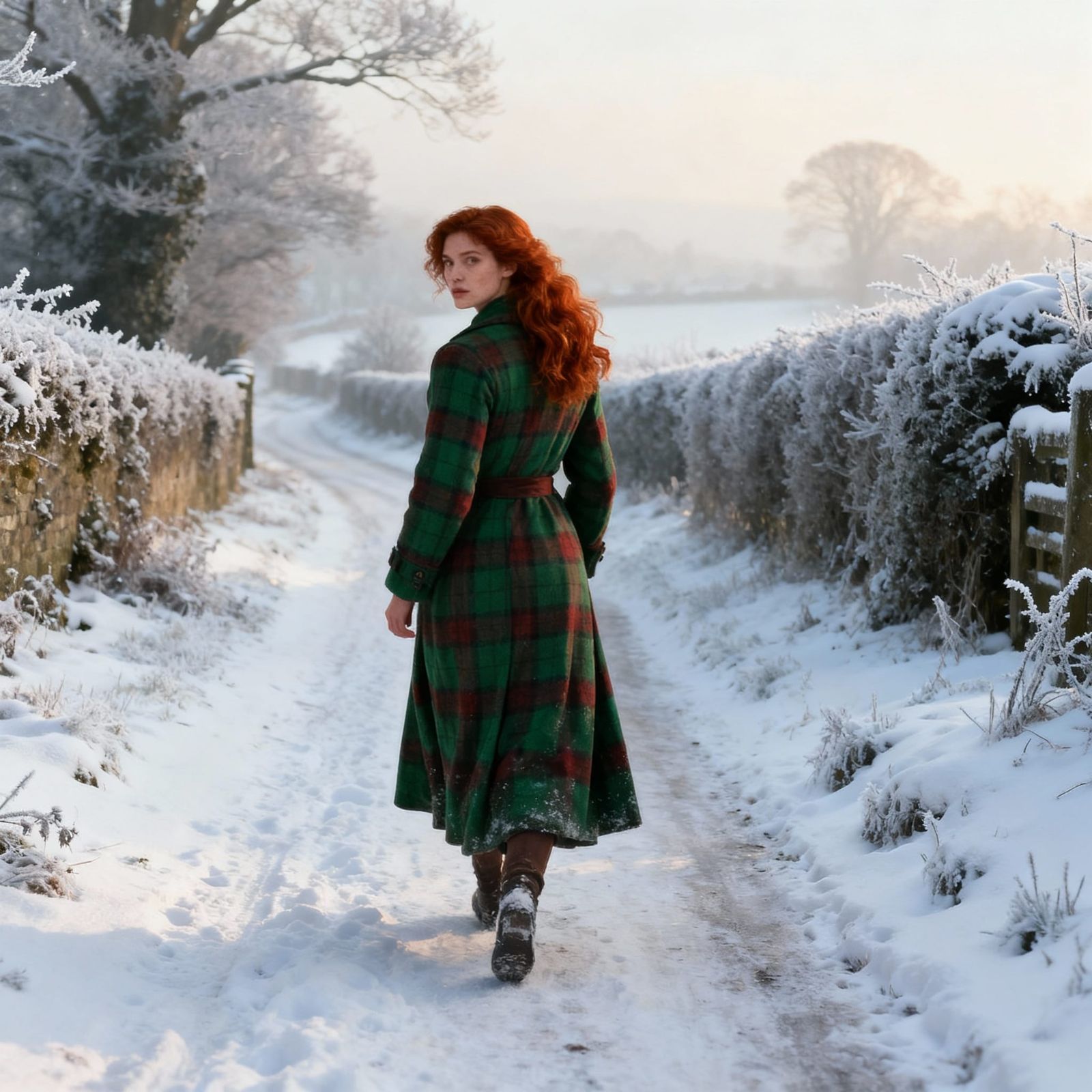 Woman in Green Coat on Snowy English Lane